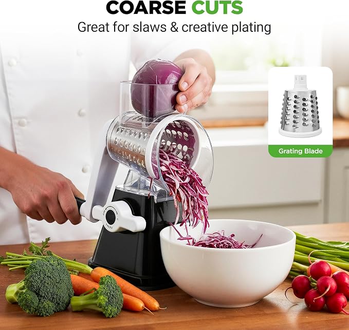 Nutrichef 3 in 1 Cheese Grater & Shredder | Strong Suction Base, Rotary Handle - Image 5
