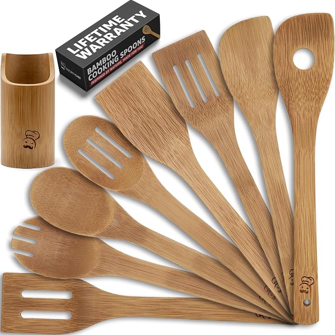 PriorityChef Wooden Spoons for Cooking, Non Scratch Bamboo Cooking Utensils by PriorityChef
