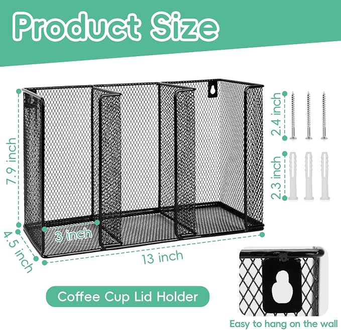 Wall Mount Coffee Cup Lid Holder Organizer 3 Compartments Coffee Cup Lid - Image 2