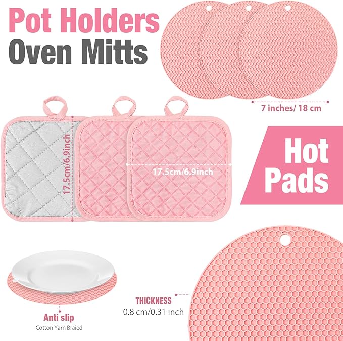 Sumind Pink Oven Mitts and Pot Holders 7 Sets, Heat Resistant Kitchen Gloves - Image 2
