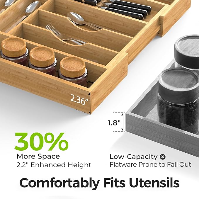 Bamboo Kitchen Drawer Organizer, Expandable Silverware Organizer - Image 4