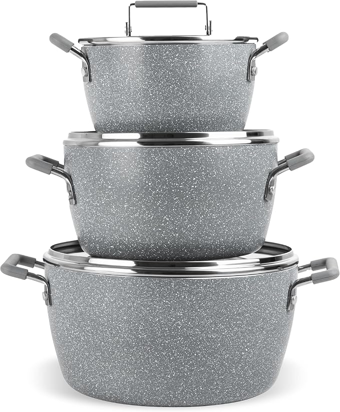 Granitestone Gray Pots and Pans Set Nonstick, 6 Stackable Piece Cooking Pots Set by Granitestone+