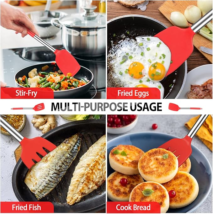 Pack of 4 Large Silicone Cooking Spatulas and Spoons, Slotted and Solid - Image 4