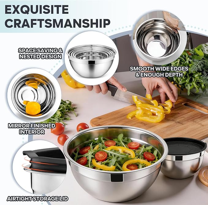 E-far Mixing Bowls With Lids Sets of 5, 10-Piece Stainless Steel Salad Metal - Image 3