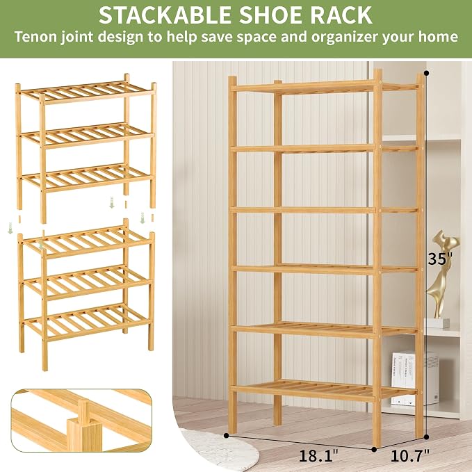 ROMGUAR CRAFT 6-Tier Bamboo Small Shoe Rack, Free Standing Wood Shoe Shelf - Image 3