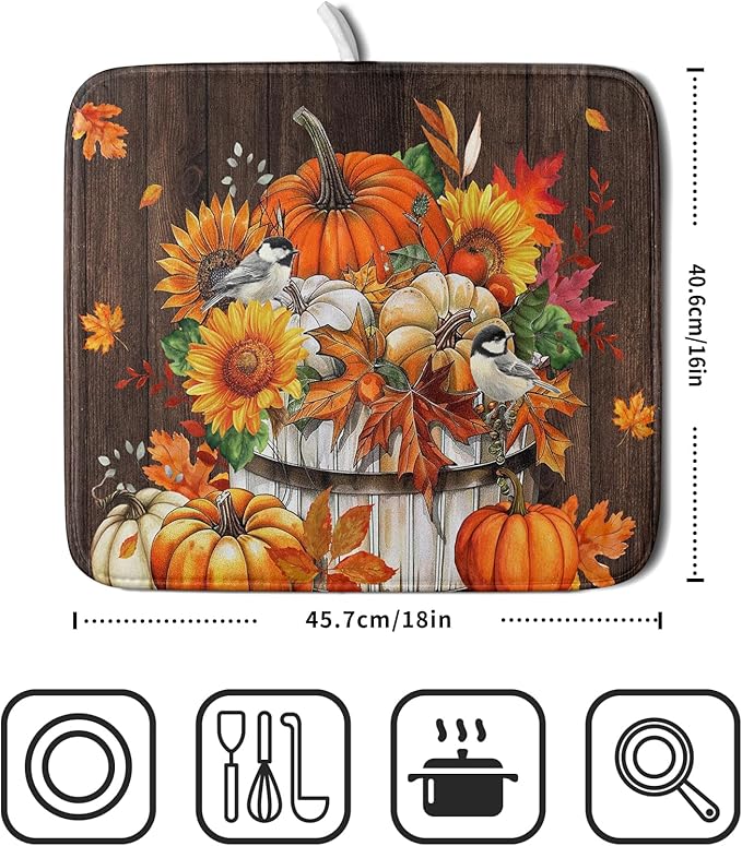 Fall Pumpkin Dish Drying Mat for Kitchen Counter Decor 16x18 Inch Halloween - Image 2