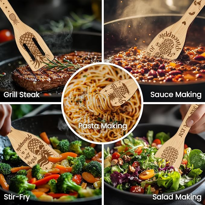 CUTHOLLOW 6PCS Happy as a Pineapple Wooden Kitchen Cooking Utensil Set - Image 4