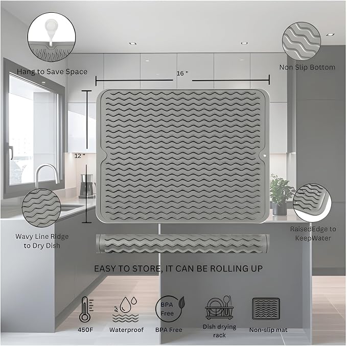 Silicone Drying Mat 16 × 12 – Gray Non-Slip Sink Mat - Image 2