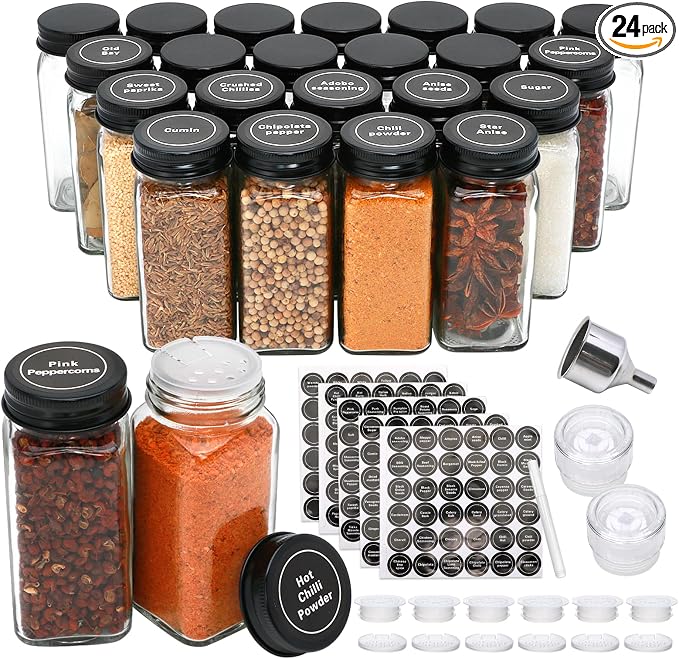 Maredash 24pcs Spice Jars with180 Labels, Glass Spice Jars, Seasoning Containers by Maredash