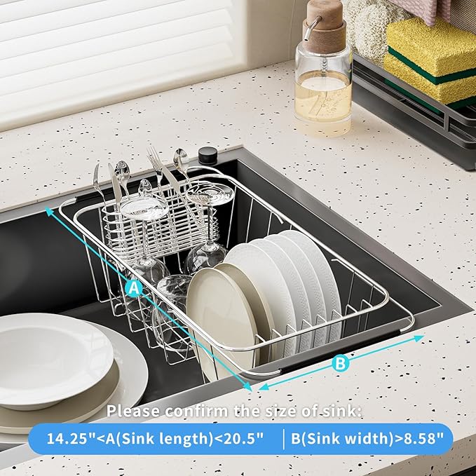 JAQ Over Sink Dish Drying Rack for Small Sink, Compact Expandable 14.25"–22.44" - Image 6