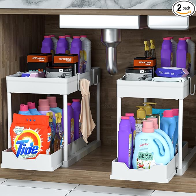 MEAFBIRD 2 Pack Under Sink Organizer, 2 Tier Bathroom Cabinet Organizer by MEAFBIRD