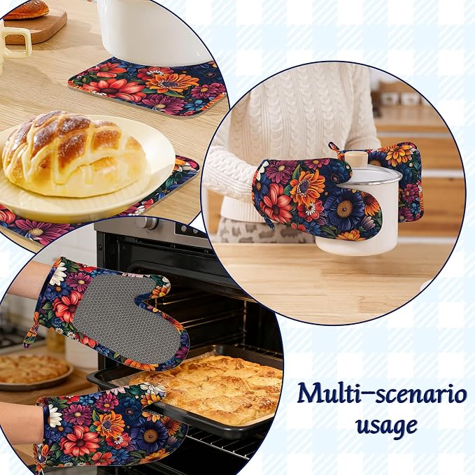 Colourful Flowers Potholders & Oven Mitts Sets Spring Floral Silicone Heat - Image 6