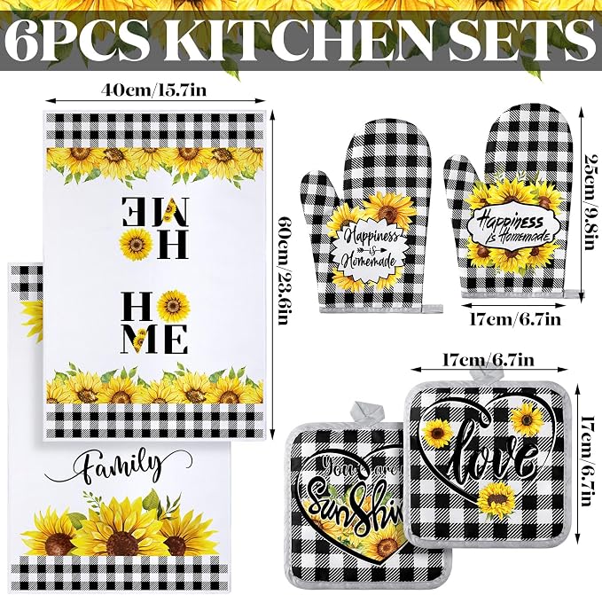 Leinuosen 6 Plaid Sunflower Kitchen Towels Kitchen Decor and Accessories Set - Image 3
