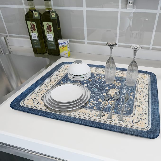 Blue Boho Dish Drying Mat for Kitchen Counter 18x24 Inch Fast Dry Drying Pad - Image 6
