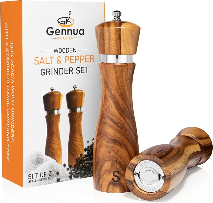 Gennua Kitchen Wooden Salt and Pepper Grinder Set: Refillable Salt & Pepper - Image 2
