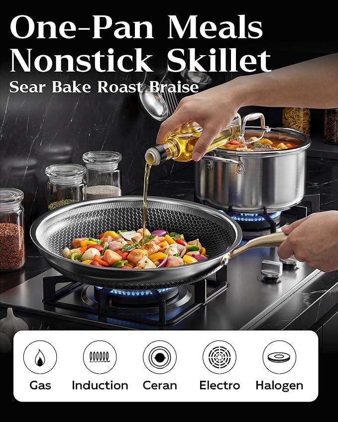 Nonstick Frying Pan Set, 8+10+12 Inch, Honeycomb Stainless Steel Skillet Pans - Image 3