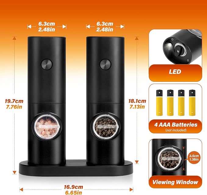 Simple Deluxe Electric Salt and Pepper Grinder Set, One Hand Adjustable - Image 3