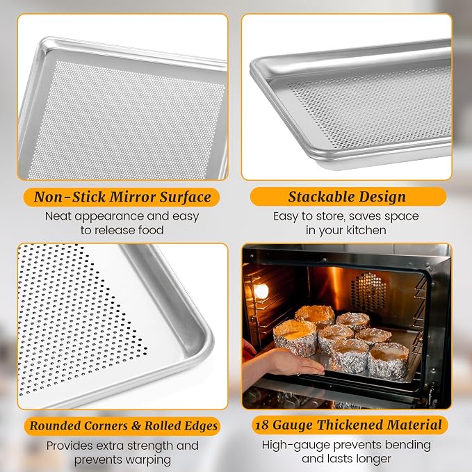 6 Pack Full Size Aluminum Perforated Baking Sheet Pan, Restaurant & Kitchen - Image 3