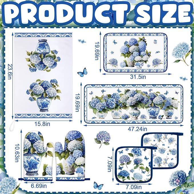 Fanfanwin 10 Pcs Chinoiserie Blue White Hydrangea Kitchen Decor Set Blue and - Image 3