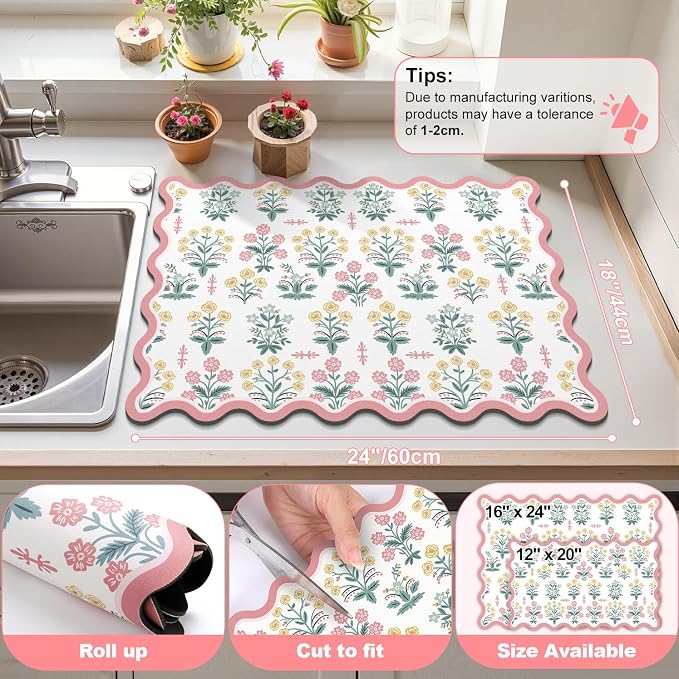 LOKHOM Scalloped Floral Dish Drying Mat, Cuttable Hide Stain Non-slip Drying Mat - Image 2