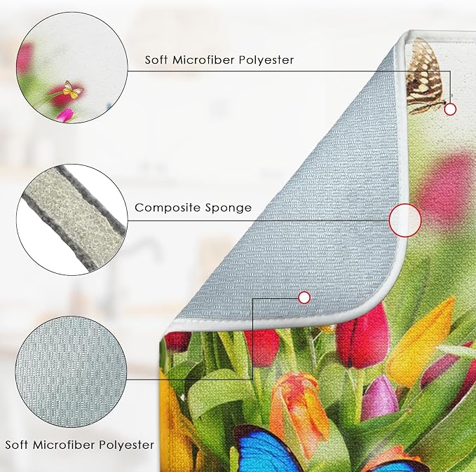 Sanwarm Absorbent Dish Drying Mat, Spring Flowers Butterflies Microfiber Pad - Image 3