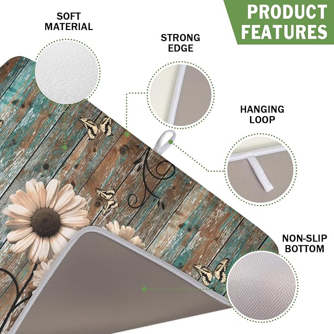 Dish Drying Mat for Kitchen Counter 16 x 18 Inch Rustic Vintage Daisy Floral - Image 3