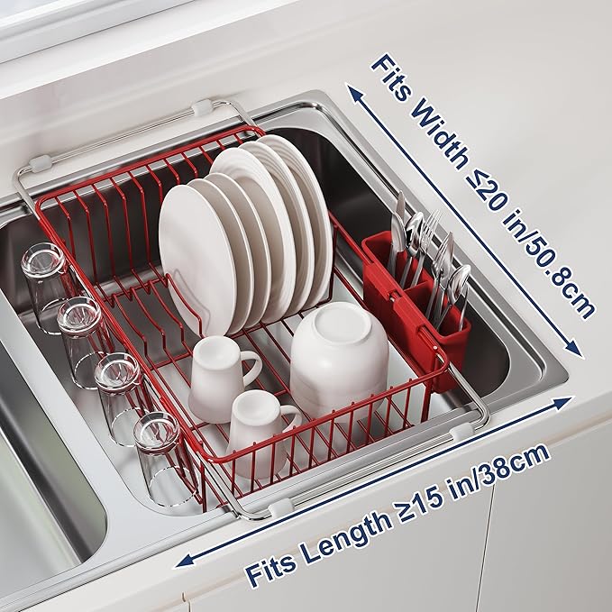 JASIWAY Red in Sink Dish Drying Rack, Expandable Stainless Steel Small Dish - Image 5