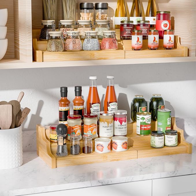 Simple Trending Spice Rack Kitchen Cabinet Organizer, 3 Tier Bamboo Expandable - Image 4