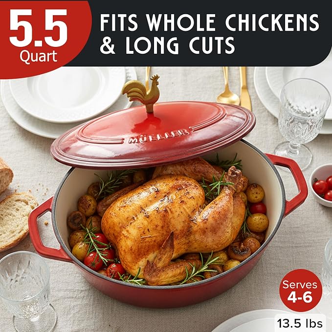 MUELLER HOME 5.5 Quart Enameled Cast Iron Oval Dutch Oven w Rooster Knob & - Image 3