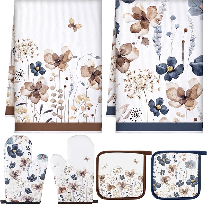 Teenyyou 6 Pcs Spring Brown Poppy Floral Kitchen Towels Oven Mitts and Pot by Teenyyou