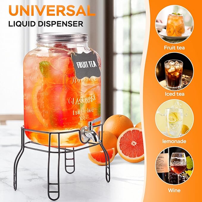 2 Gallon Large Glass Drink Dispenser Set, Beverage Dispensers - Image 3