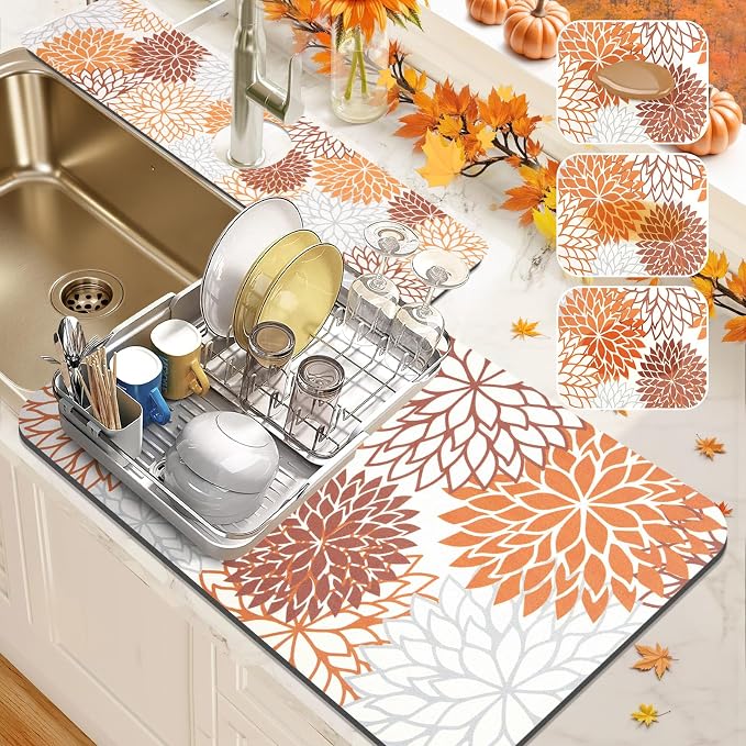 Findosom 2PCS 12" x 20" Fall Dish Drying Mat & 24" x 5.5" Sink Splash Guard by Findosom