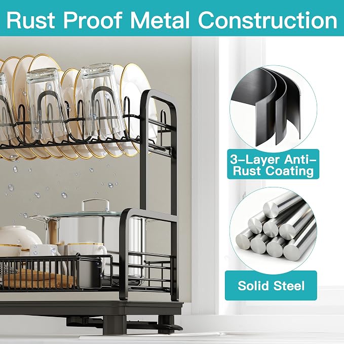 romision 2 Tier Compact Stainless Steel Dish Drainers Drying Rack - Image 2