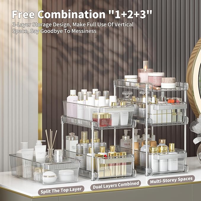 Clear Bathroom Organizers 2 Sets 3 Tier, Pull Out Organizer and Storage - Image 2