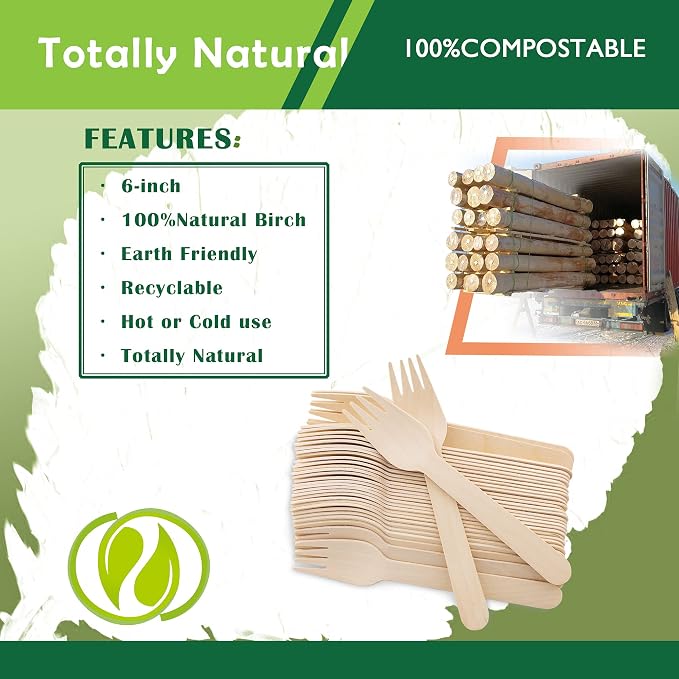 Disposable Wooden Forks -Pack of 100, 6.5" Length-Biodegradable, Natural Wooden - Image 3