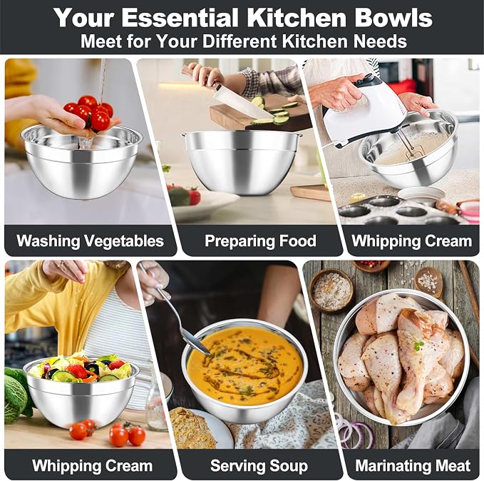 TeamFar Mixing Bowls Set, 4.5/3/1.5/1/0.7 QT Stainless Steel Nesting Salad Bowls - Image 6