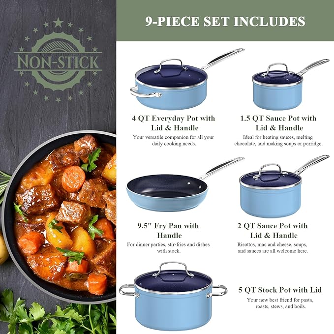 Nuwave 9pc Cookware Set Healthy Duralon Blue Ceramic Nonstick Coated, Diamond - Image 2