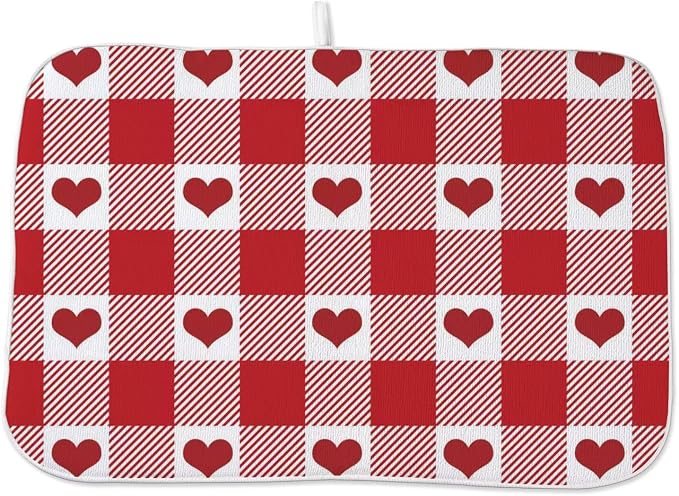 Happy Valentines Day Dish Drying Mat 18 x 24 inch Red Checkered Love Hearts by AEIOAE