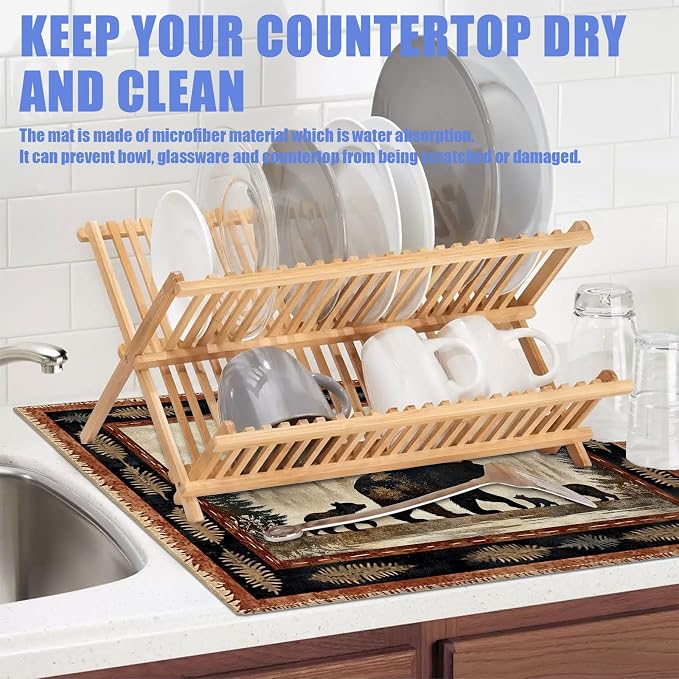 Rustic Bear Dish Drying Mat for Kitchen Counter Wild Animals Drying Pad - Image 5