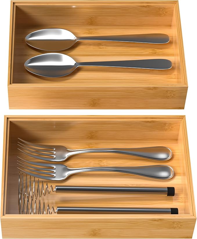 VeyFey Silverware Tray for Drawer, Stackable Kitchen Bamboo Drawer Organizer 9" - Image 7