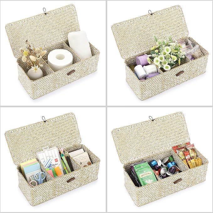 Hipiwe Seagrass Storage Basket Bin 3 Sections Hand-Woven Wicker Baskets - Image 8