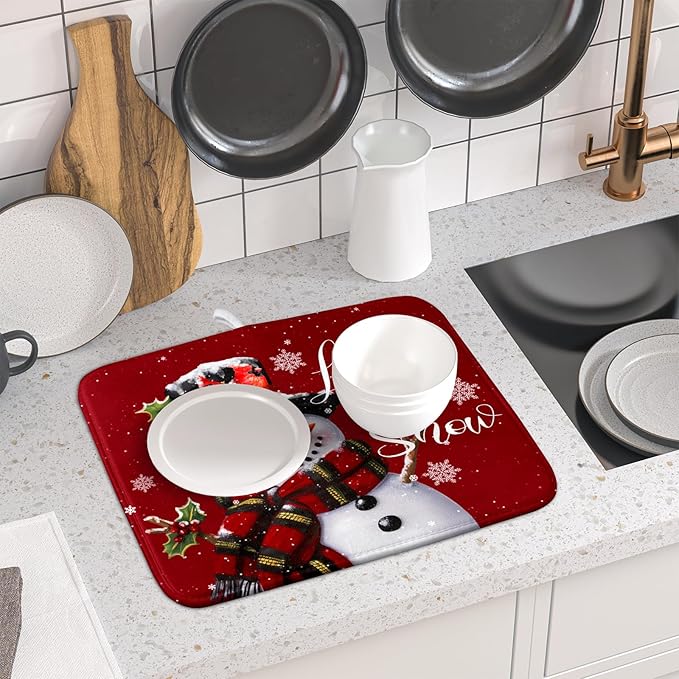 Christmas Dish Drying Mat for Kitchen Counter Snowman Let It Snow Microfiber - Image 6