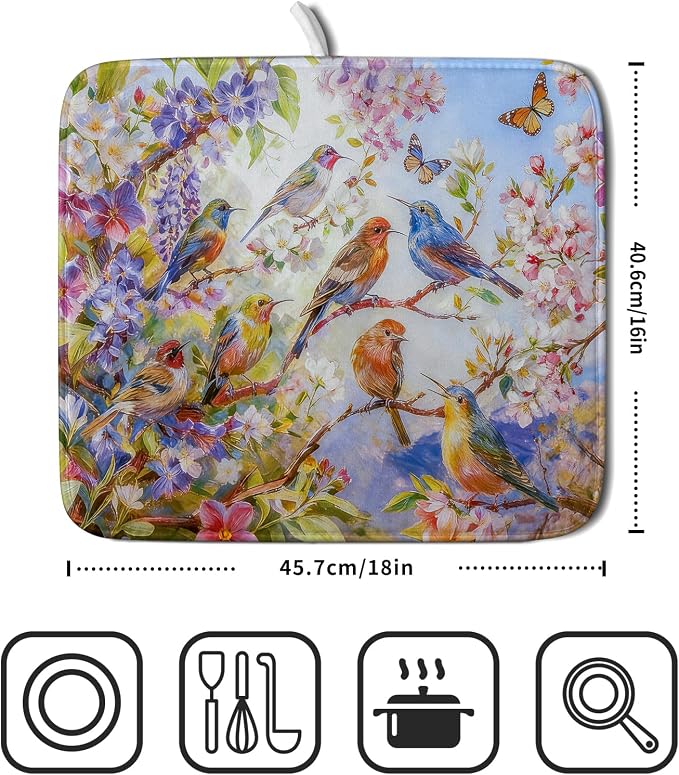 Spring Bird Dish Drying Mats for Kitchen Counter Floral Small Dish Drying Pad - Image 2