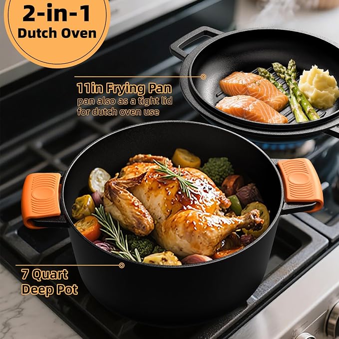 2-in-1 Pre-Seasoned Cast Iron Double Dutch Oven Pot - Image 5