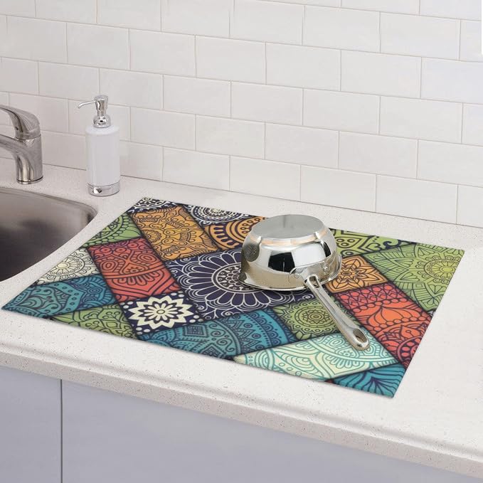 Retro Boho Dish Drying Mat 18x24 Inch, Microfiber Absorbent Fast Dry Mat - Image 6