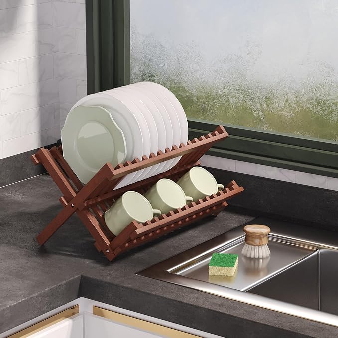 VERTORGAN Teak Dish Drying Rack, Folding Collapsible Drainer Plate Organizer - Image 6