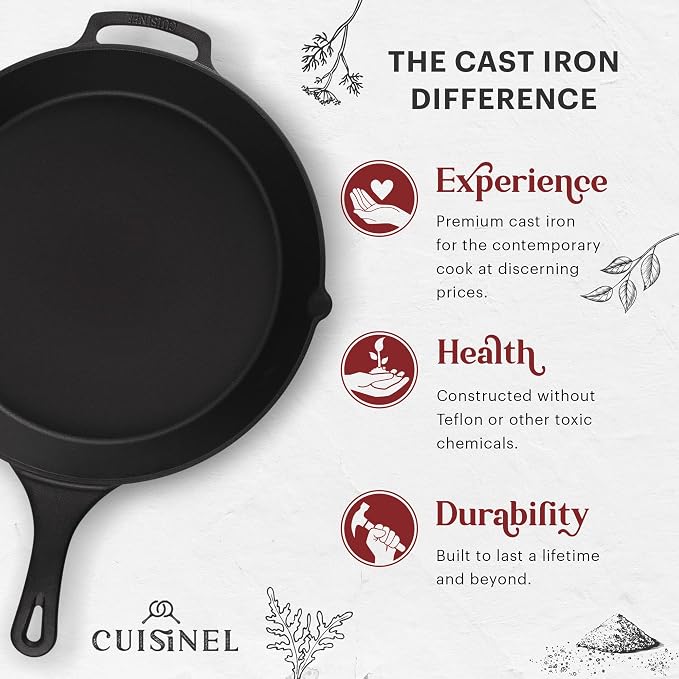 Cuisinel 15" Cast Iron Skillet + Glass Lid Cover + Pan Scraper + Heat-Resistant - Image 2