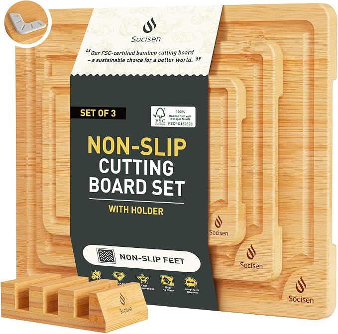 Bamboo Cutting Board Set Non Slip Feet by Socisen
