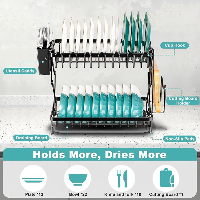 2-Tier Dish Racks for Kitchen Counter, Stainless Steel Kitchen Dish Drying Rack - Image 2