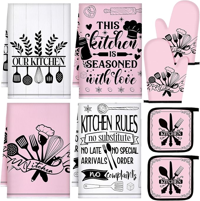 Leinuosen 8 Pcs Kitchen Towels and Oven Mitts Sets Pot Holders Dishcloths Set by Leinuosen